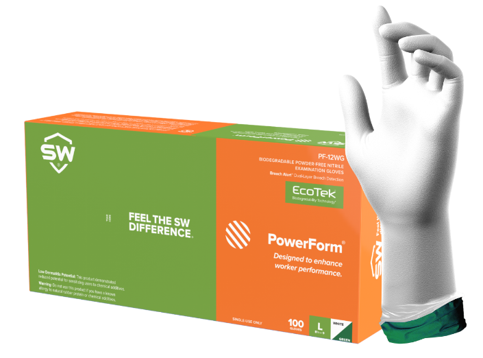 SW Sustainable Solutions PF-12WG powder-free Nitrile Extended-Cuff Nitrile Examination Gloves with EcoTek Sustainable Technology, pH Natural, Energel and Breach Alert